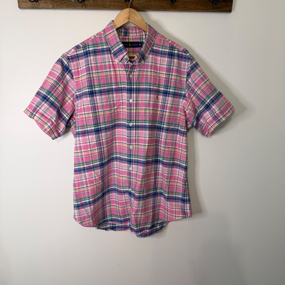 Ralph Lauren Mens XL Pink Blue Plaid Short Sleeve Button Down Cotton Shirt